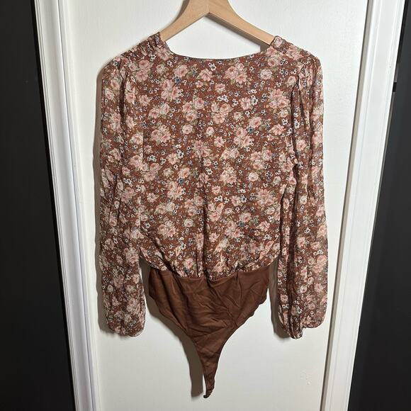 Sage the Label Brown Floral Balloon Sleeve Surplice Bodysuit Size Small - Picture 6 of 10